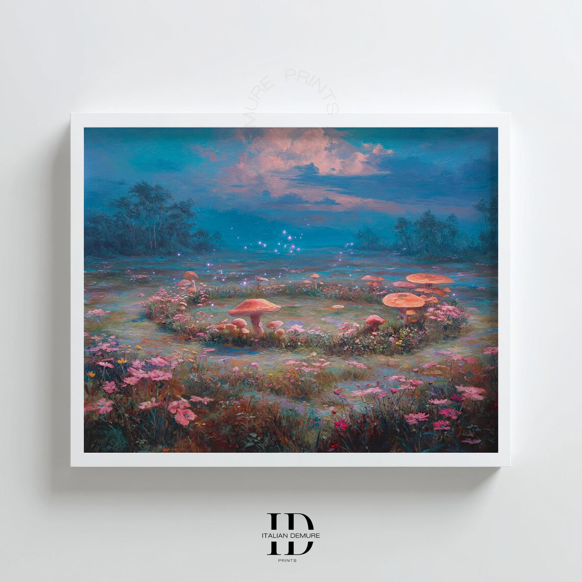 Enchanted Mushroom Fairy Ring Meadow Dusk Oil Painting Poster