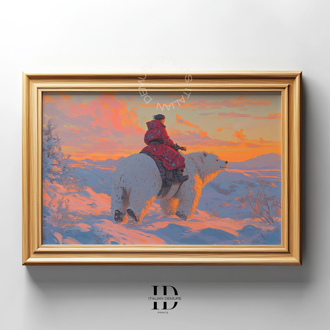 Polar Bear Rider Arctic Sunset Snow Landscape Painting Poster
