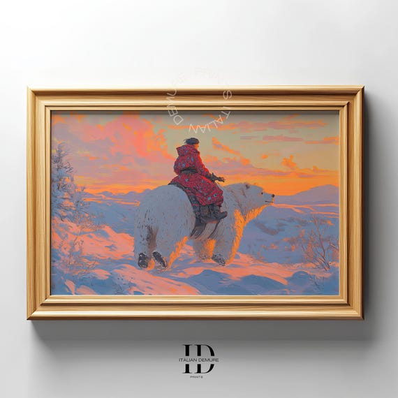 Fantasy Polar Bear Wall Art Arctic Sunset Painting Whimsical Winter Landscape Print Nordic Adventure Instant
