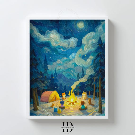 Starry Forest Campfire Wall Art Cute Camping Poster Whimsical Animal Print Night Sky Pine Trees Decor