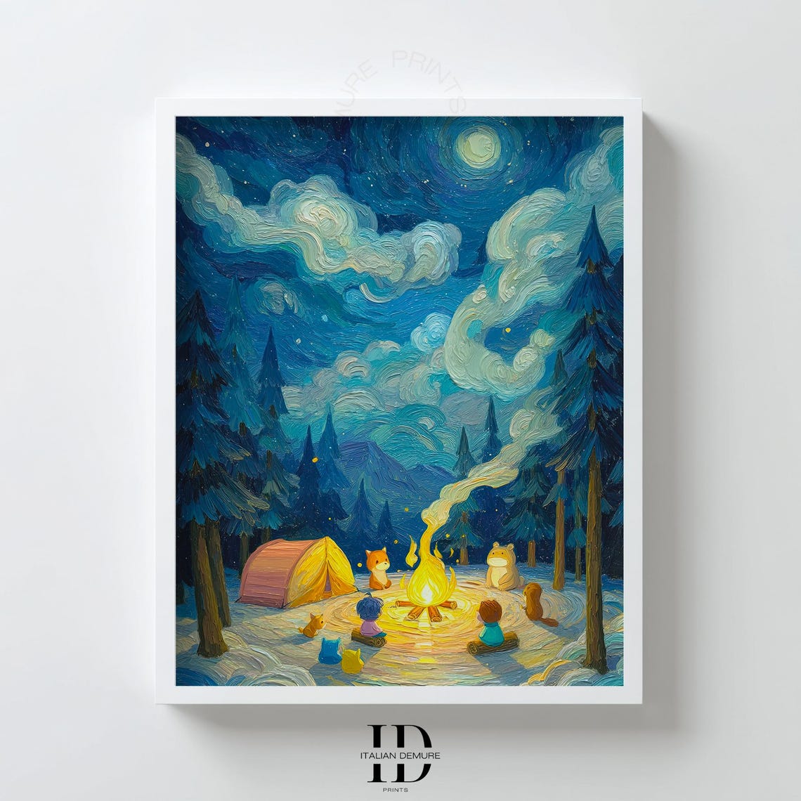 Starry Forest Campfire Wall Art Cute Camping Poster Whimsical Animal Print Night Sky Pine Trees Decor