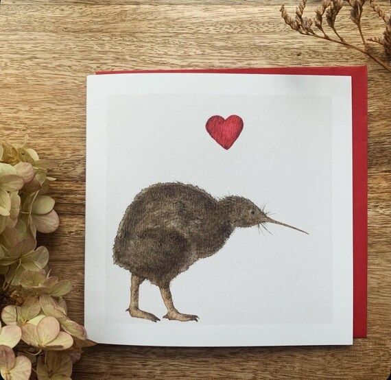Kiwi Bird With Red Heart Watercolor New Zealand Animal Art Poster