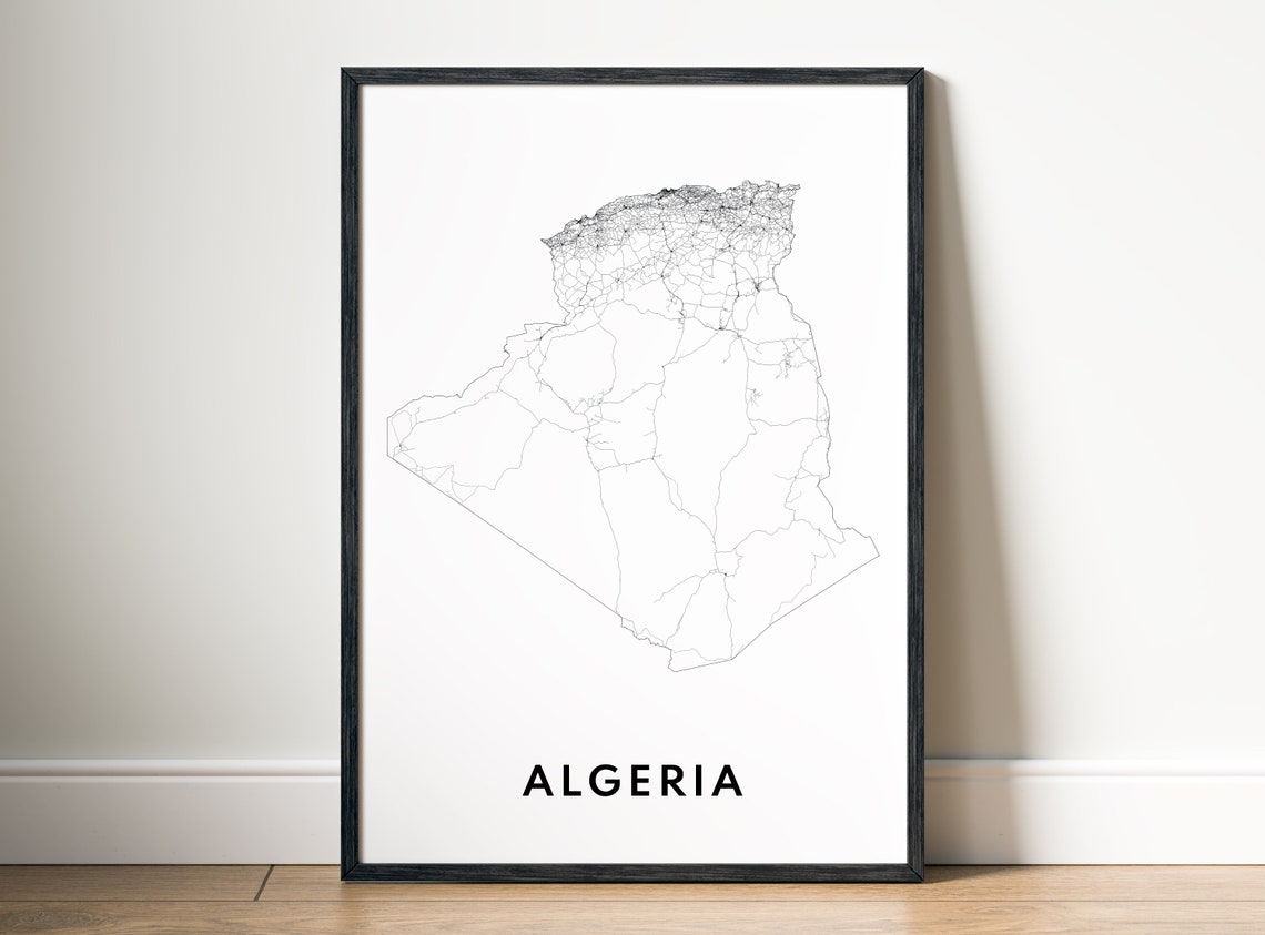 Algeria Minimalist Black and White Outline Country Map Poster - Image 5