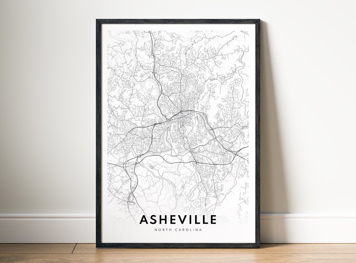 Asheville North Carolina Minimalist Black White Street Map Poster