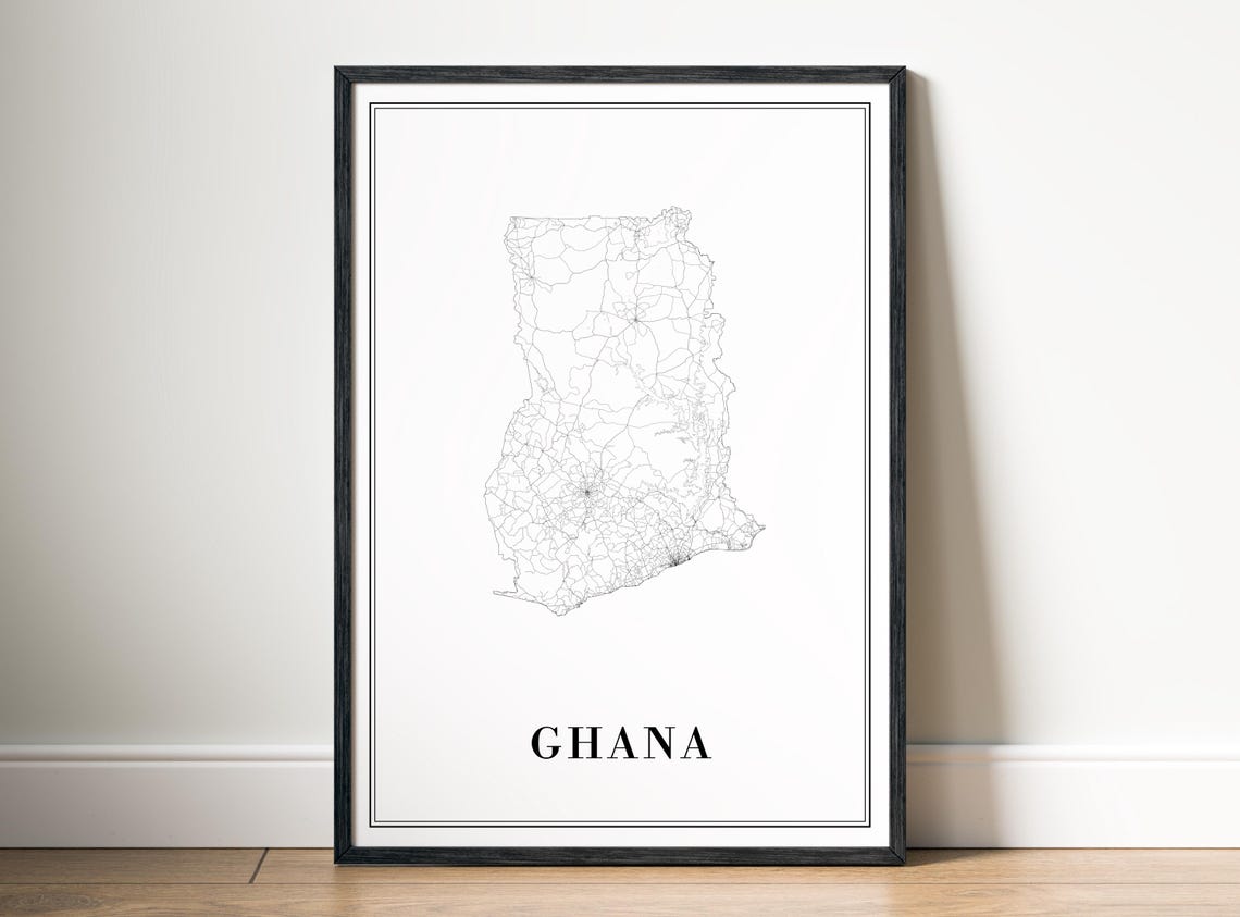 Ghana Country Outline Black And White Minimalist Map Line Art Poster