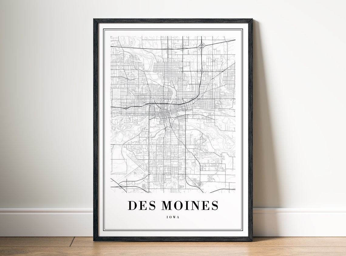Des Moines Iowa Minimalist Black And White City Street Map Poster - Image 5