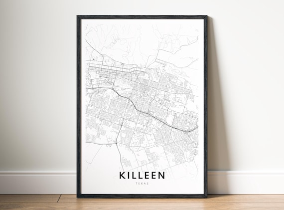 Killeen Tx Map Print Texas Poster Black And White Wall Art Sketch