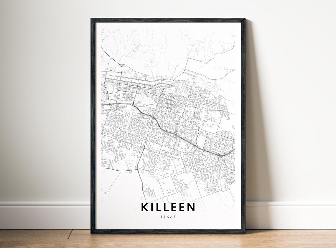 Killeen Tx Map Print Texas Poster Black And White Wall Art Sketch