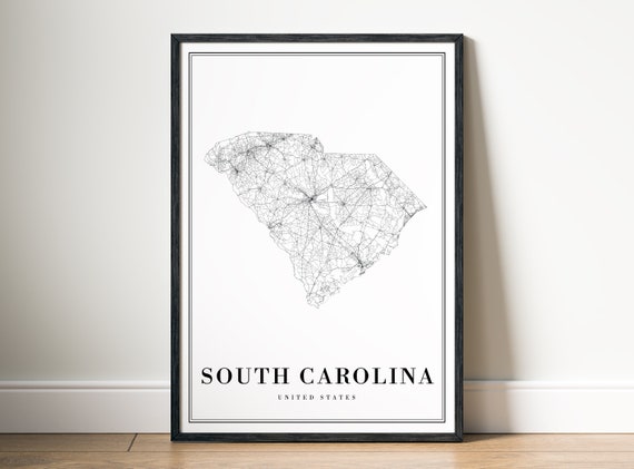 South Carolina State Map Art Print, Black And White