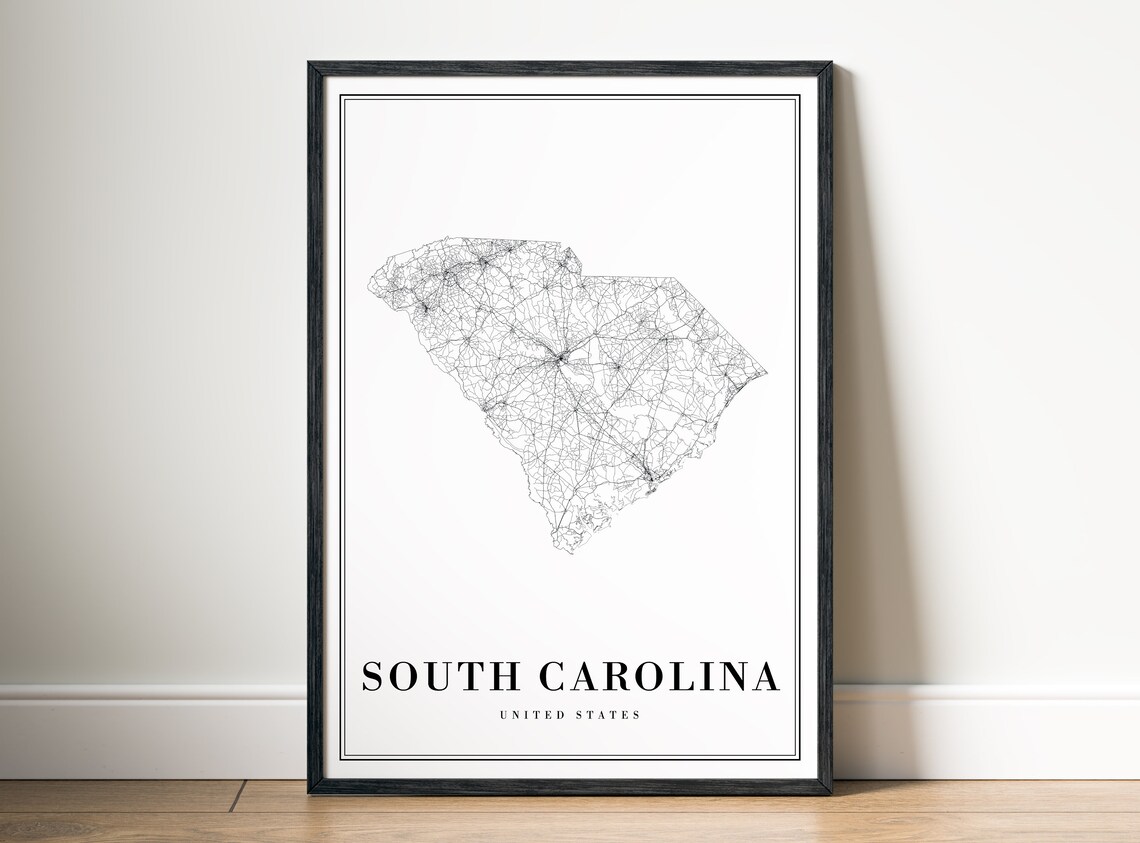 South Carolina State Map Art Print, Black And White