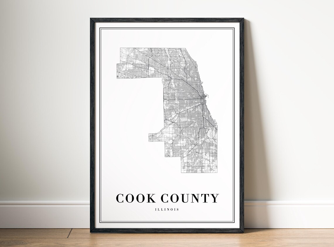 Cook County Il Map Print Illinois Poster Black And White Wall Art
