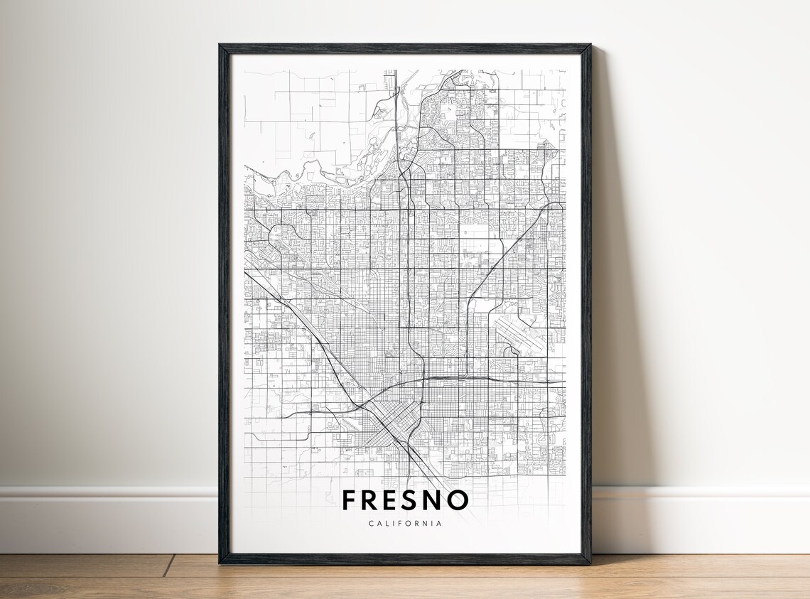 Fresno California Black and White City Street Map Valley Grid Poster