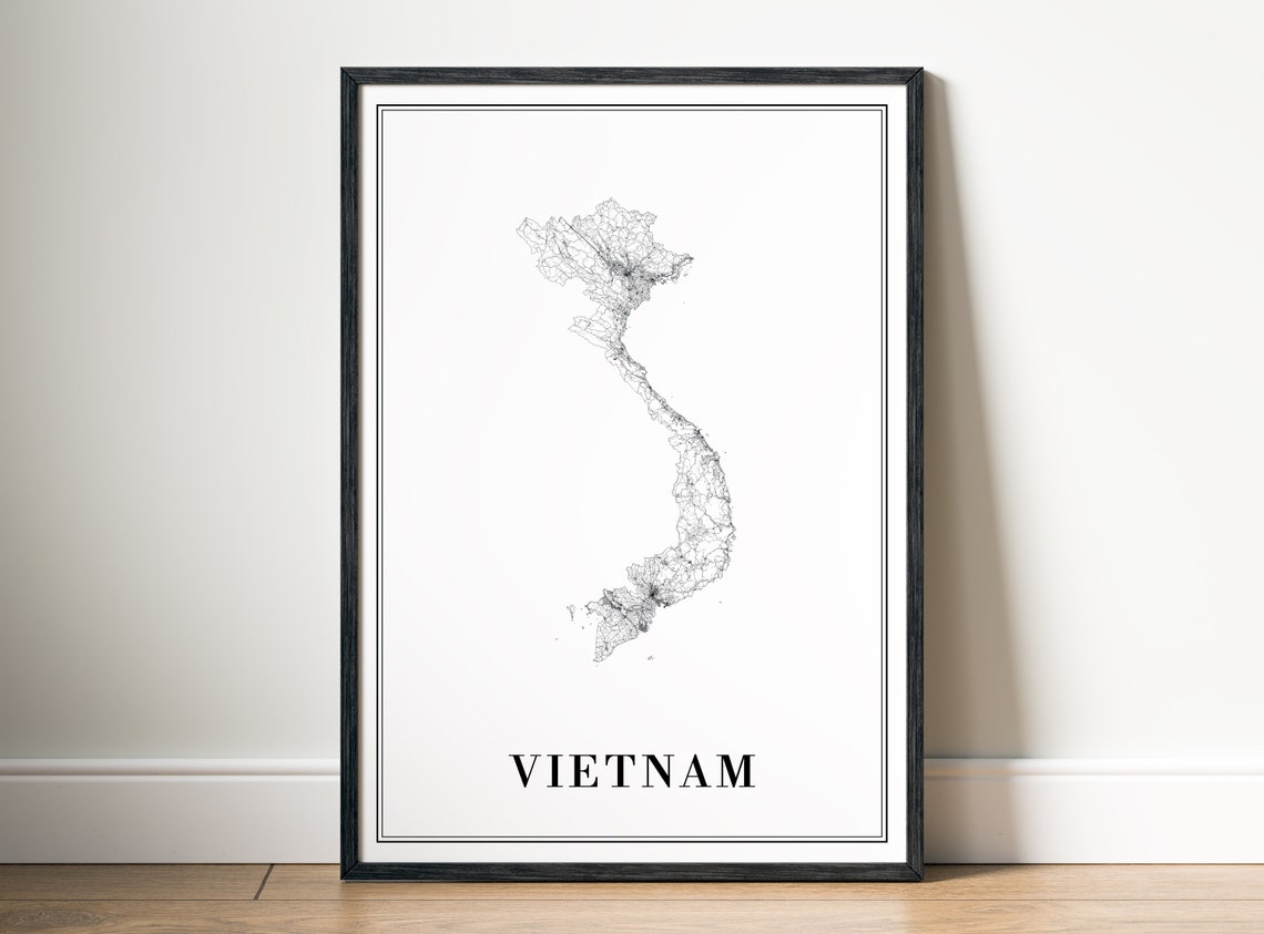 Vietnam Country Road Map Silhouette Outline Black And White Print