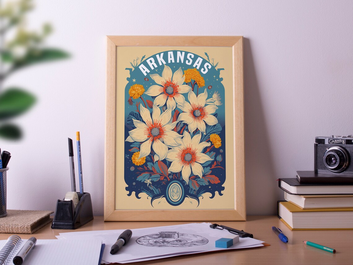 Arkansas Retro Floral Botanical Daisy Vintage Travel Poster Art