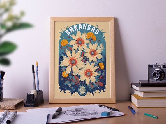 Arkansas Retro Floral Botanical Daisy Vintage Travel Poster Art
