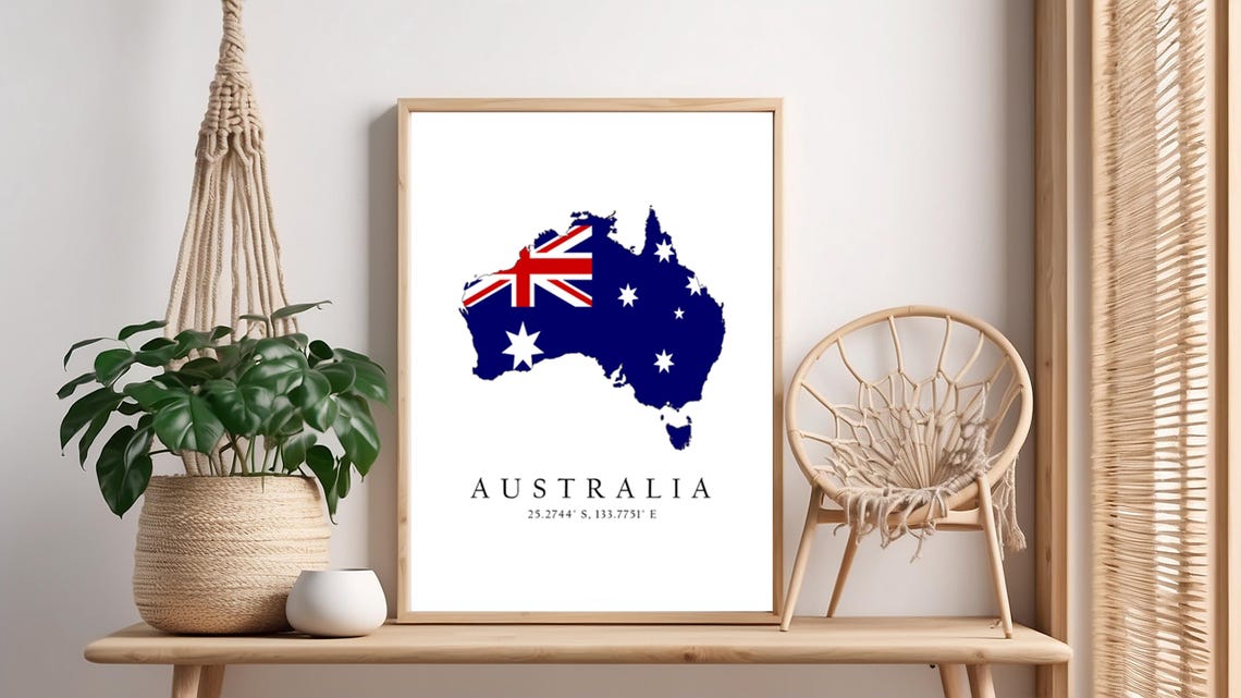 Australia Map Print Flag Latitude Longitude Coordinates Poster Wall Art Home Dcor
