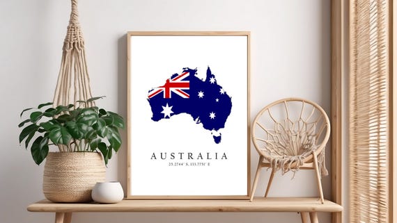 Australia Map Print Flag Latitude Longitude Coordinates Poster Wall Art Home Dcor