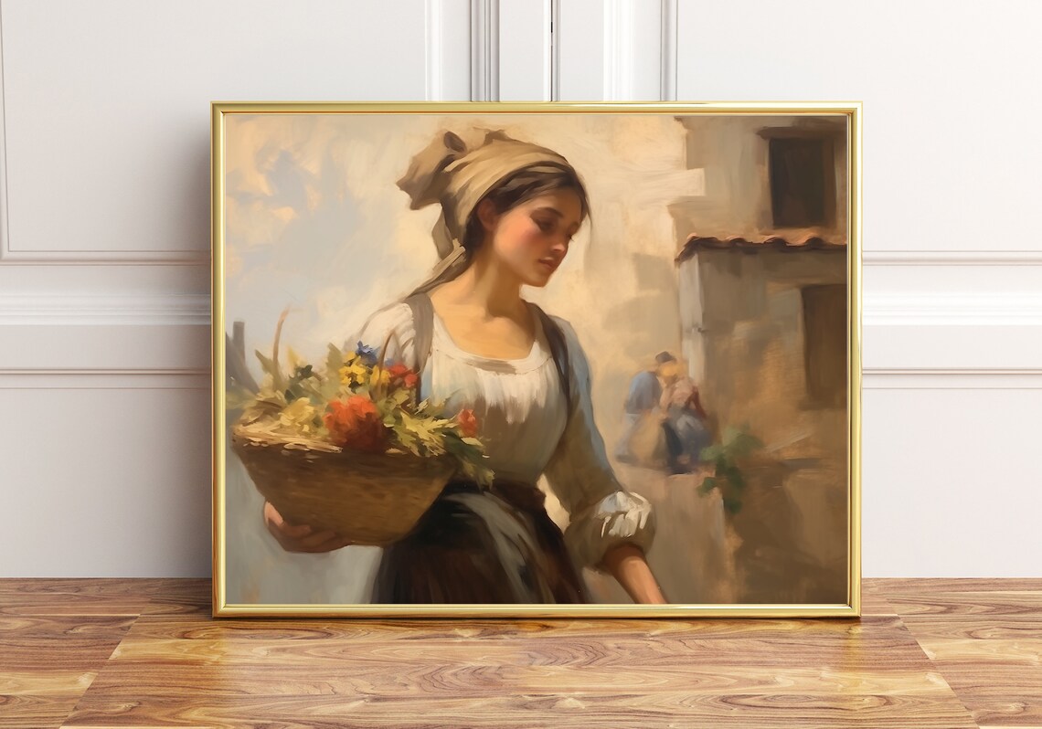 Woman Holding Flower Basket Portrait Impressionist Village Art Poster