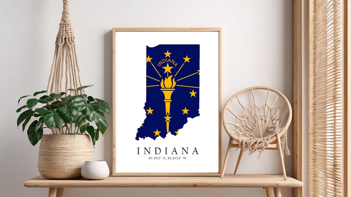 Indiana Map Print Latitude Longitude Coordinates Flag Poster Wall Art Home Dcor