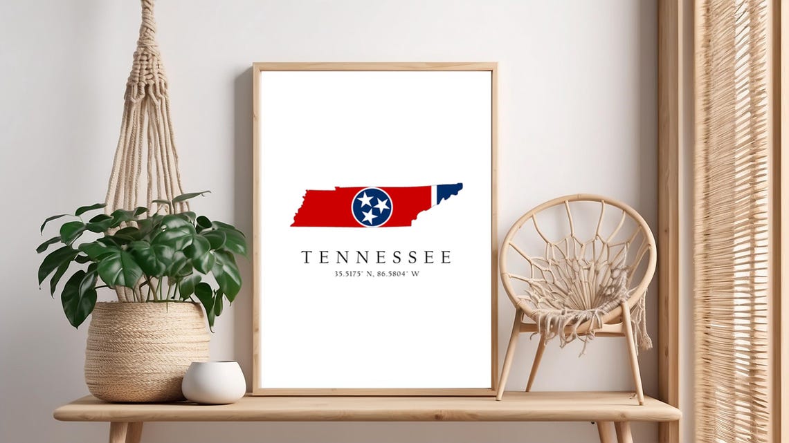 Tennessee State Flag Map Silhouette With Coordinates Travel Poster