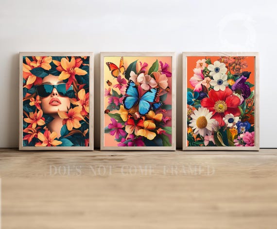 Maximalist Modern Tropical Floral Triptych Colorful Botanical Prints With Woman Portrait Butterflies Blooming Flowers Set Of 3 Poster