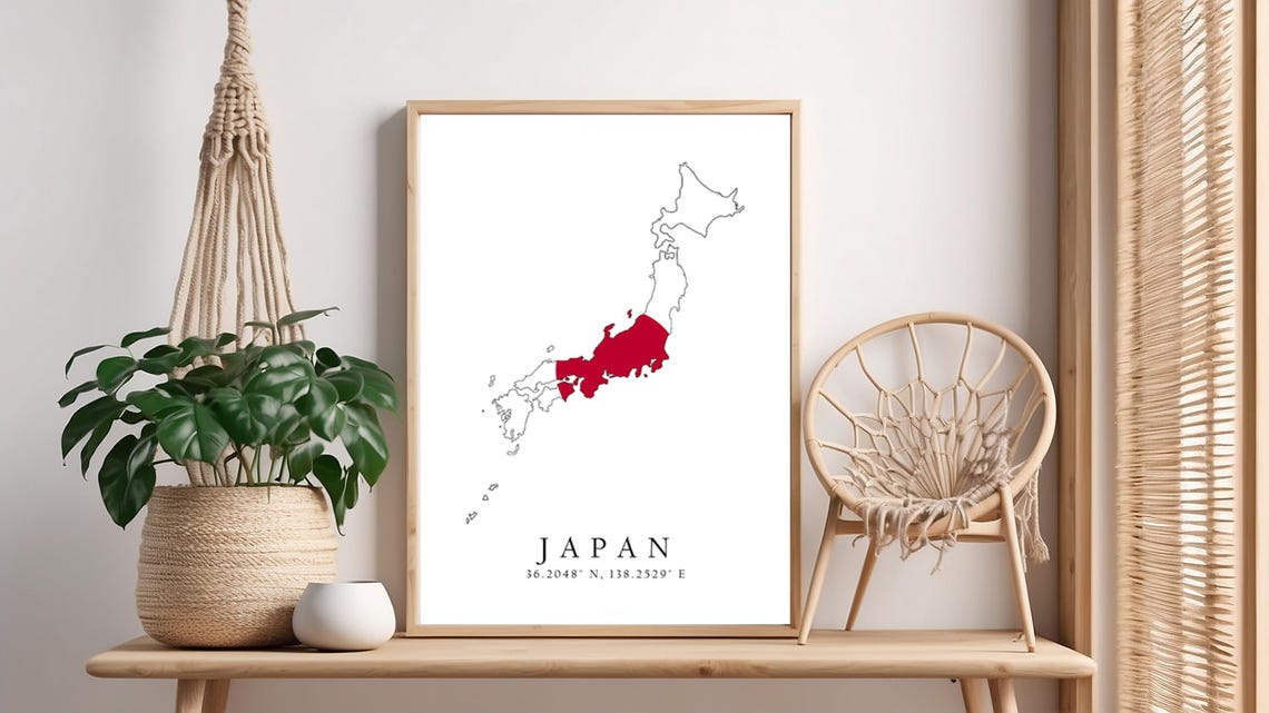 Japan Map Print Flag Latitude Longitude Coordinates Poster Wall Art Home Dcor