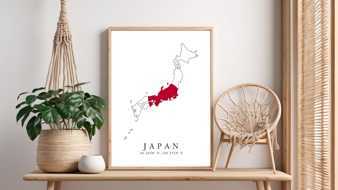 Japan National Flag Map with Coordinates Rising Sun Travel Poster
