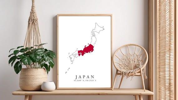 Japan Map Print Flag Latitude Longitude Coordinates Poster Wall Art Home Dcor