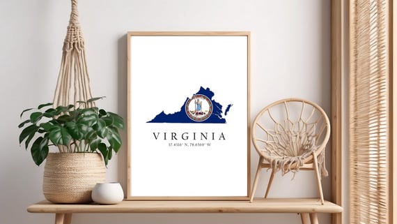 Virginia Map Print Flag Latitude Longitude Coordinates Poster Wall Art Home Dcor