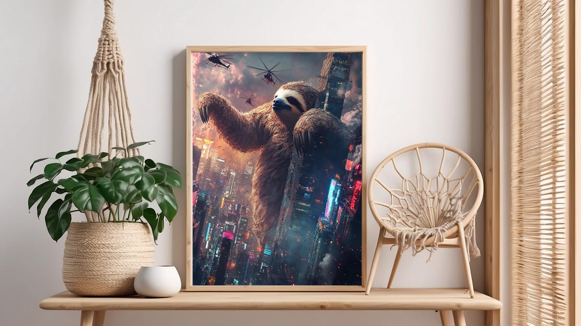 A Giant Sloth Lazily Climbing City Skyline Art Print Lover Gift Poster Wall Dcor