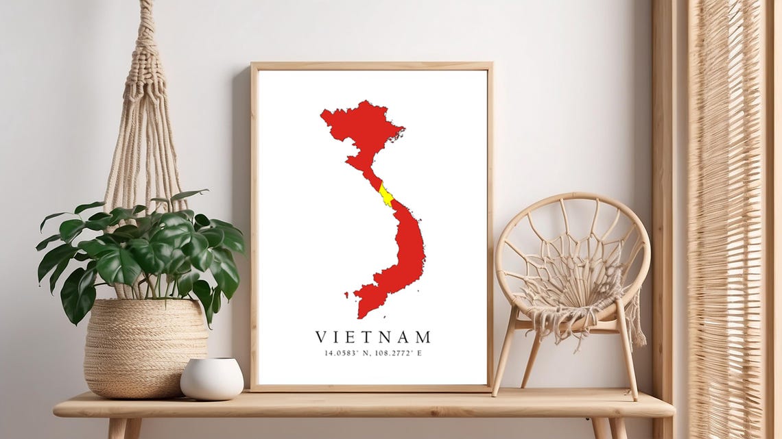 Vietnam Map Poster in Vietnamese Flag Colors with Coordinates