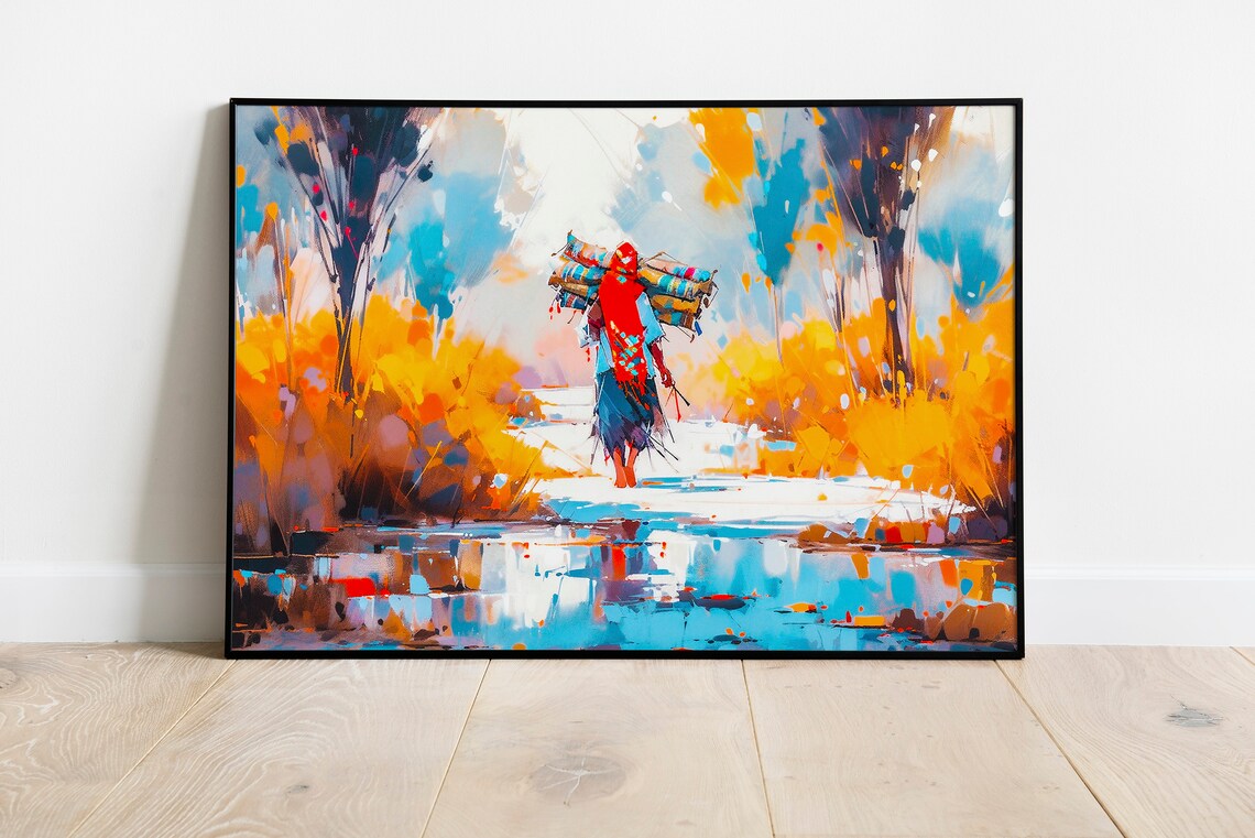 Woman Carrying Firewood Through a Golden Autumn Forest Painting Poster