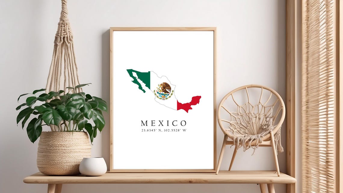 Mexico Map Print Flag Latitude Longitude Coordinates Poster Wall Art Home Dcor