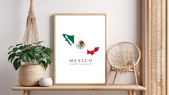 Mexico Map Print Flag Latitude Longitude Coordinates Poster Wall Art Home Dcor