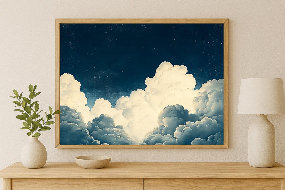 Starry Night Sky Celestial Moonlit Cloudscape Poster for Bedrooms
