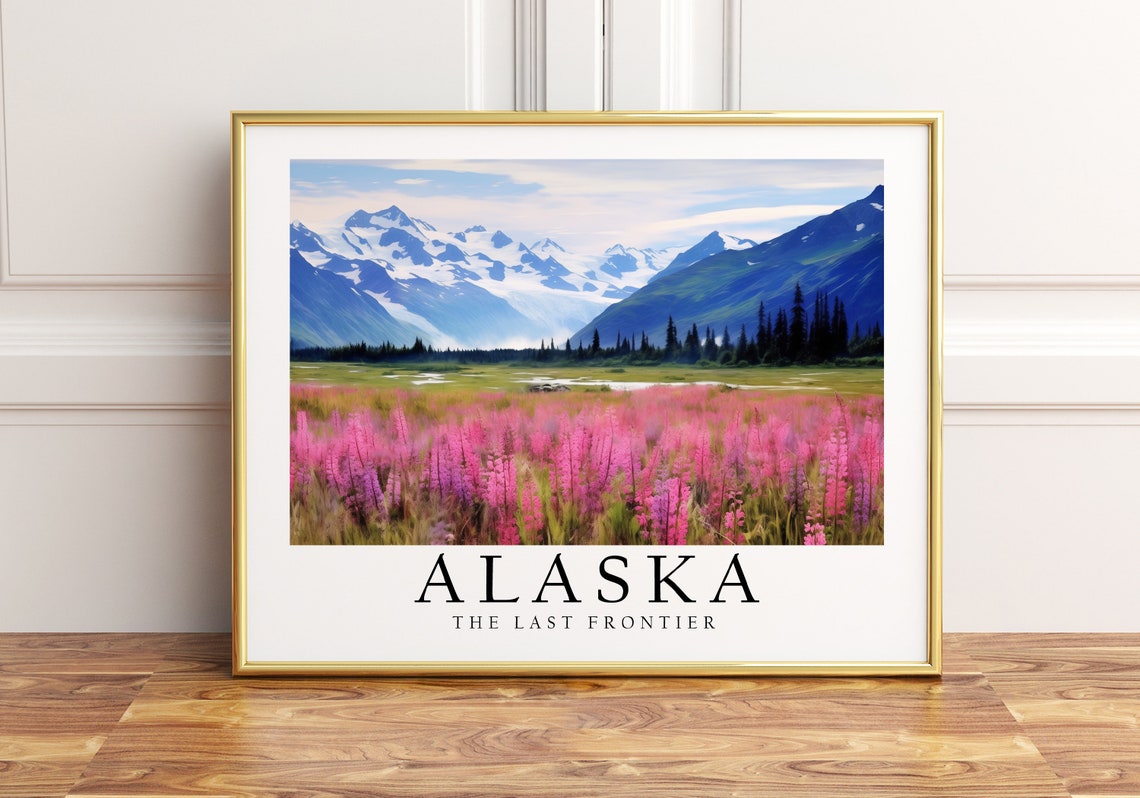 Alaska Last Frontier Wildflower Meadow Snowy Mountain Travel Poster