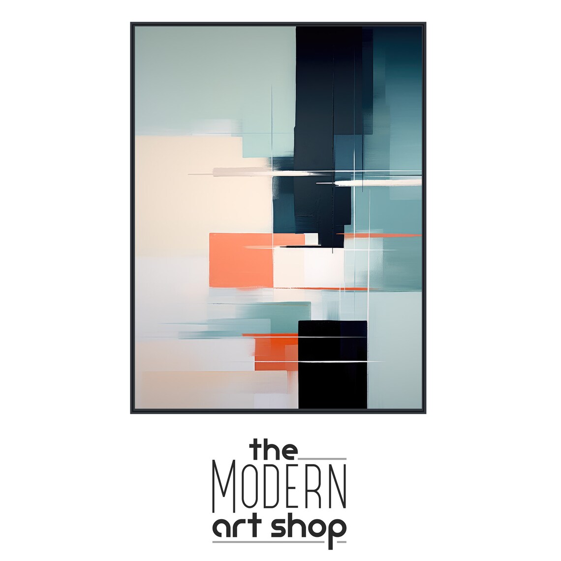 Large Abstract Wall Art Modern Geometric Painting Framed Print Black Teal Orange Quiet Voyage 3 - Image 4