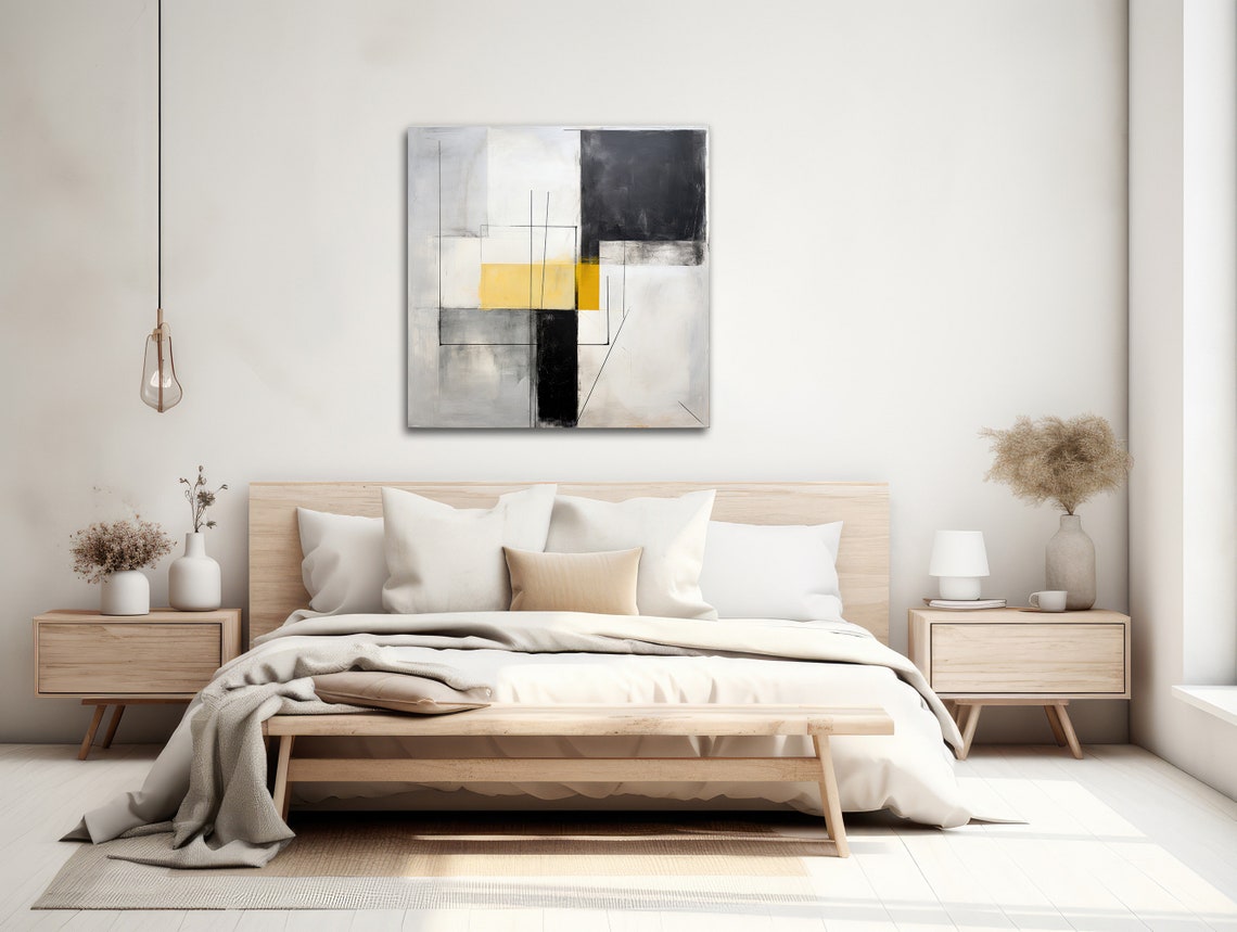 Monochrome Geometric Rectangles Mustard Yellow Accent Art Poster - Image 2