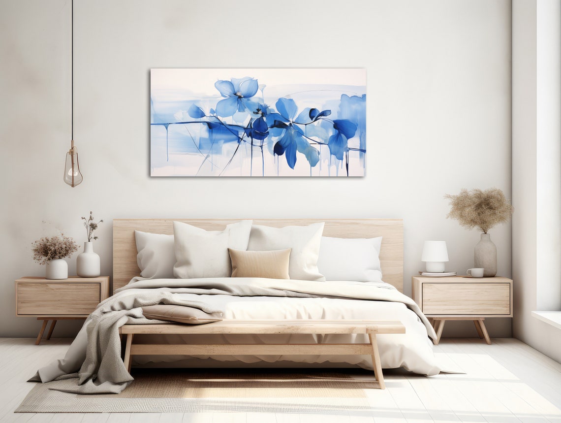 Panoramic Blue Watercolor Flowers Soft Blooms Abstract Art Print - Image 2