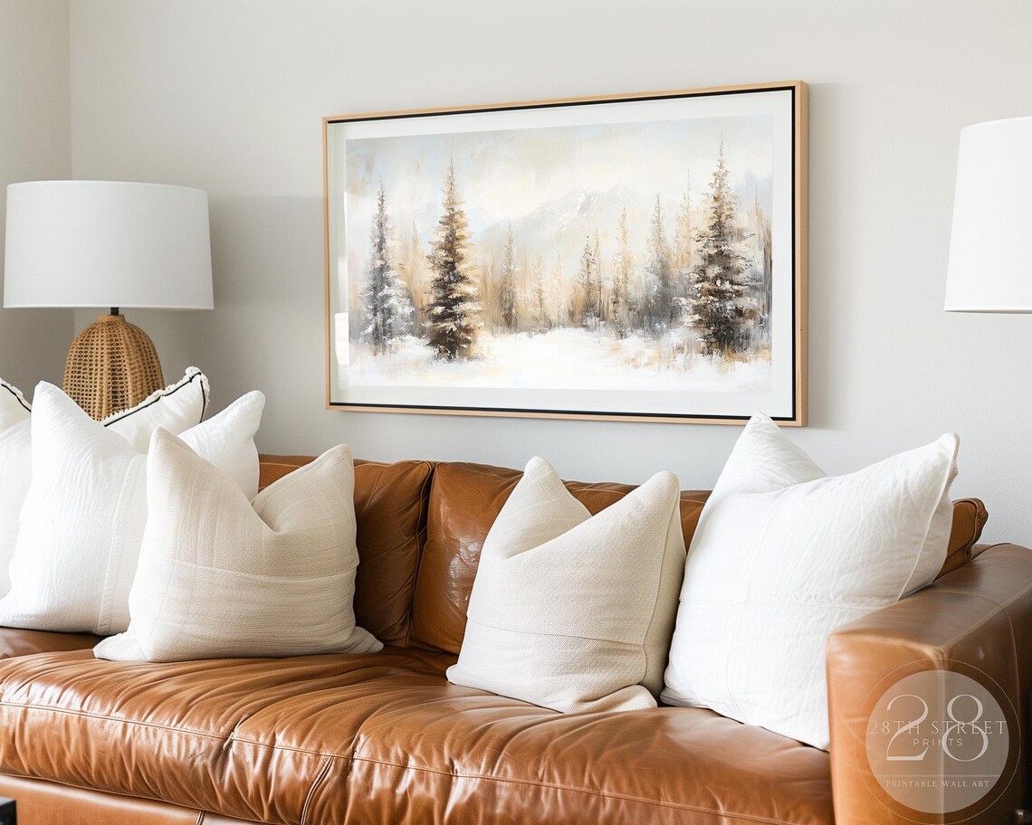 Golden Snowy Pine Forest Neutral Winter Trees Vintage Painting Poster - Image 2