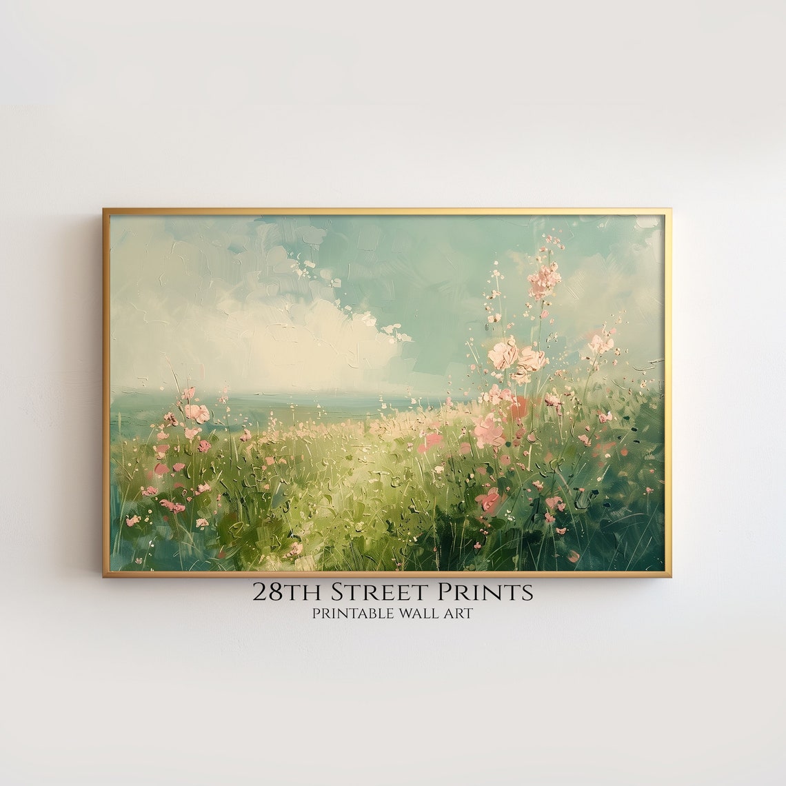 Spring Wildflower Meadow Pink Bloom Teal Sky Oil Style Wall Art - Image 2