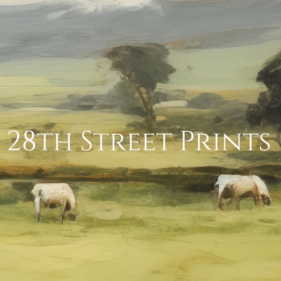 Green Pasture Cows Grazing Country Farm Cottages Moody Sky Wall Art - Image 3