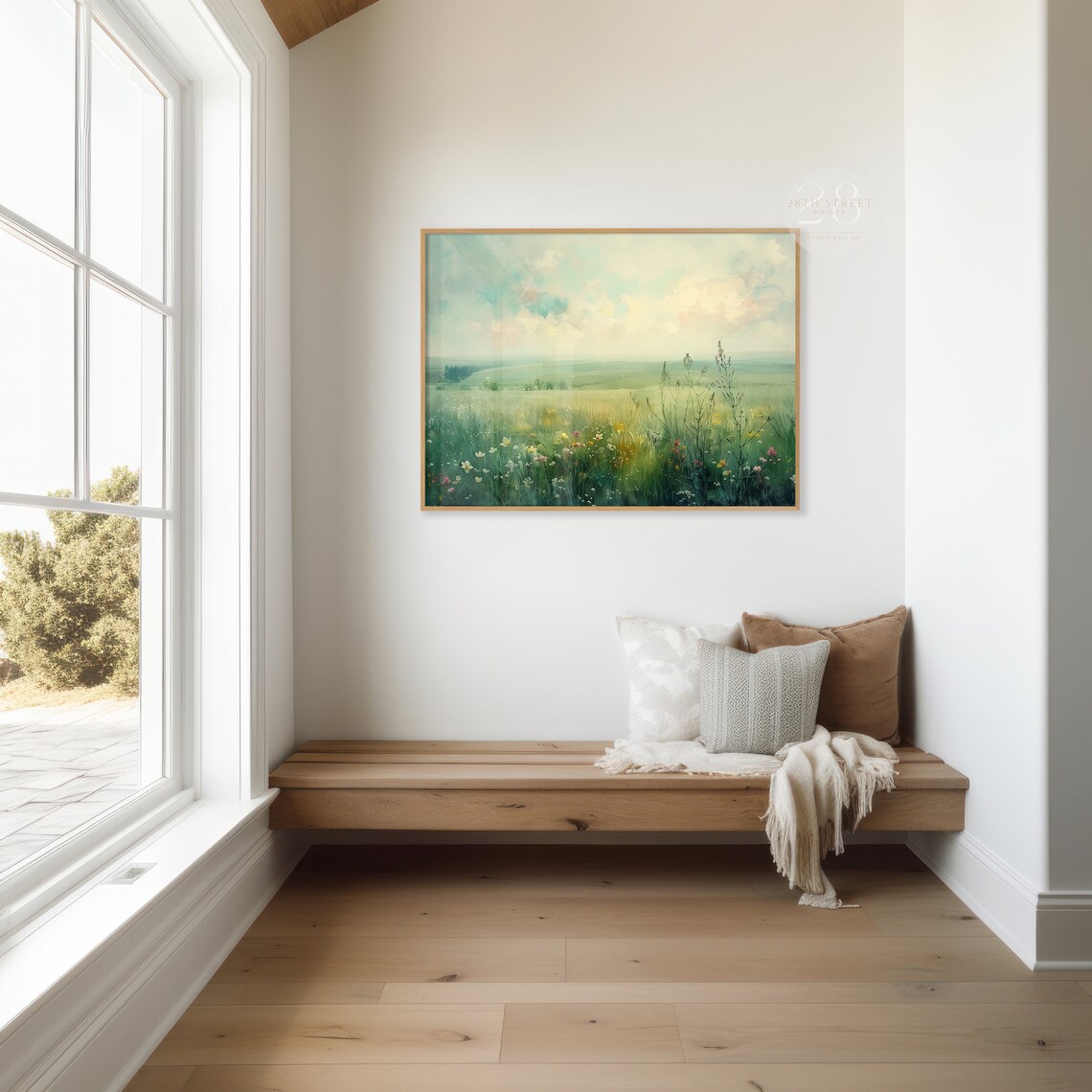 Sunlit Wildflower Meadow Misty Green Morning Haze Spring Landscape Art Print - Image 3