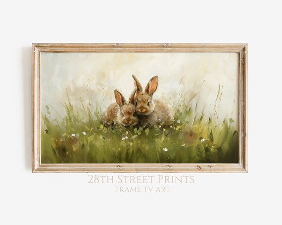 Bunny Duo In Tall Grass Spring Meadow Easter Painting Art Print Vintage Style