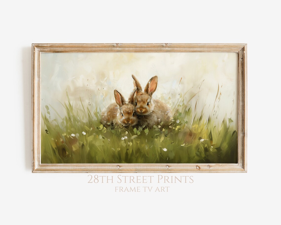 Bunny Duo In Tall Grass Spring Meadow Easter Painting Art Print Vintage Style
