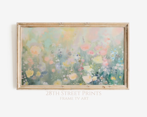 Pastel Flower Garden Pink Yellow Blue Blooms Soft Spring Impressionist Art Print