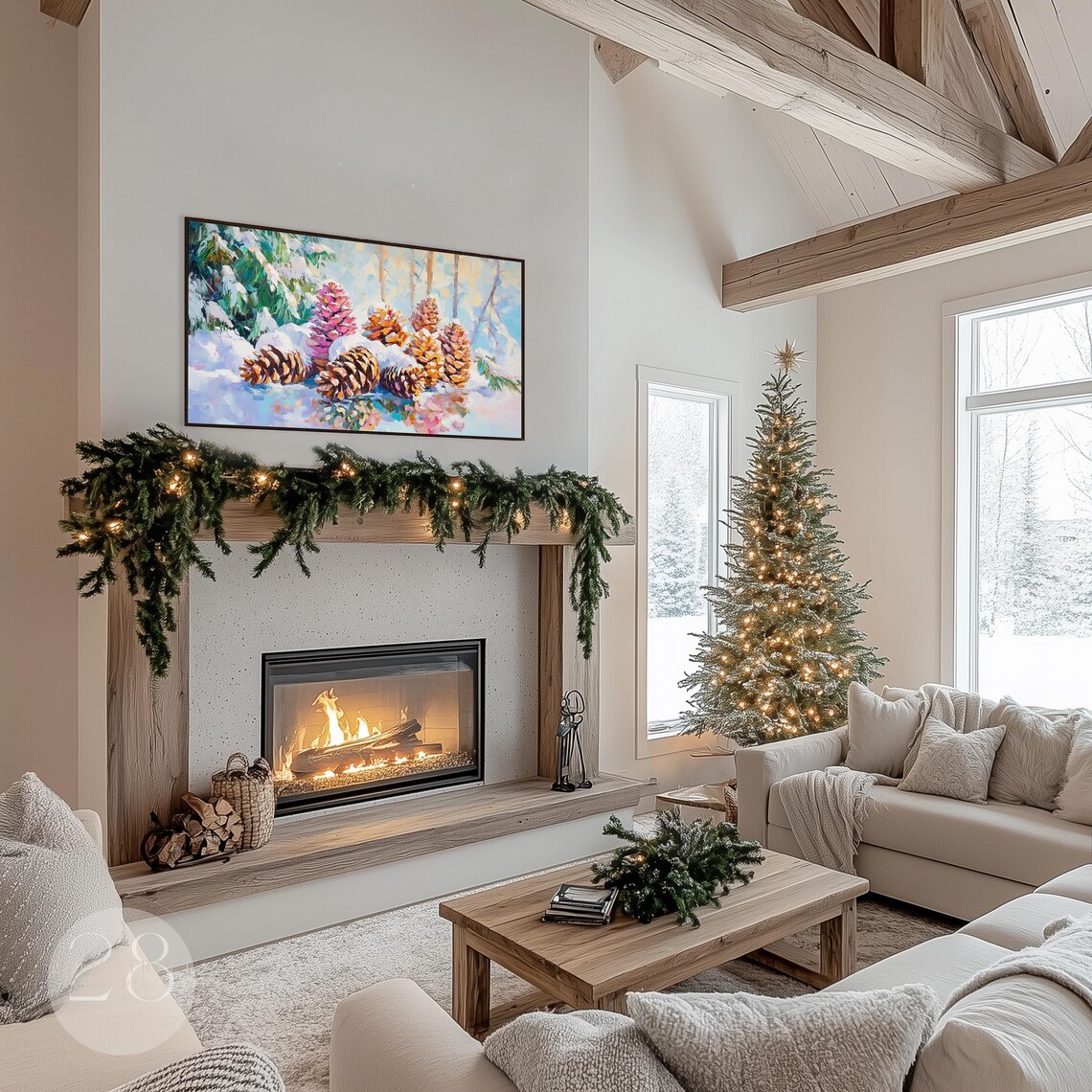 Colorful Pine Cones Snow Pastel Winter Still Life Painting Poster - Image 2