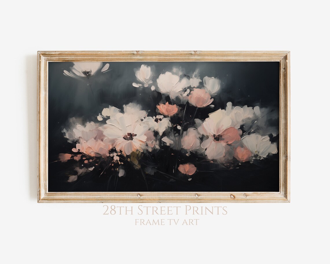 Moody Blush Blooms On Dark Background Dramatic Floral Oil Painting Art Print
