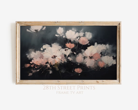 Moody Blush Blooms On Dark Background Dramatic Floral Oil Painting Art Print