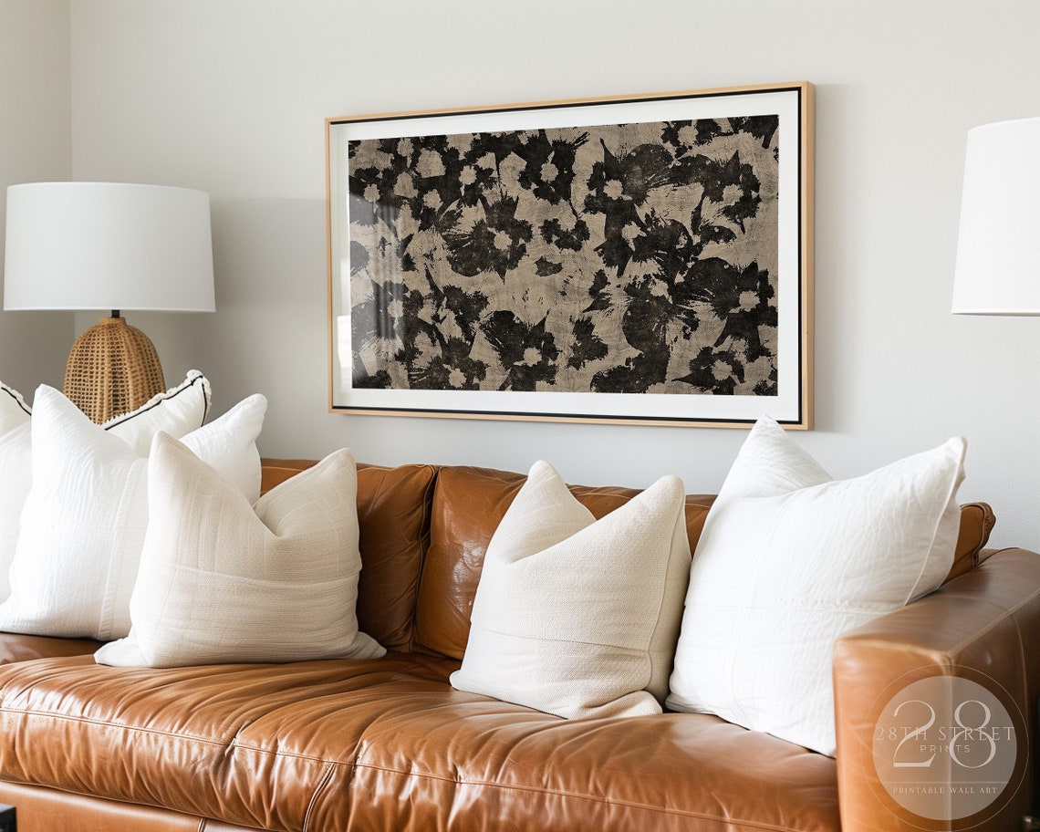 Vintage Black Botanical Block Art Beige Textile Floral Pattern Poster - Image 2